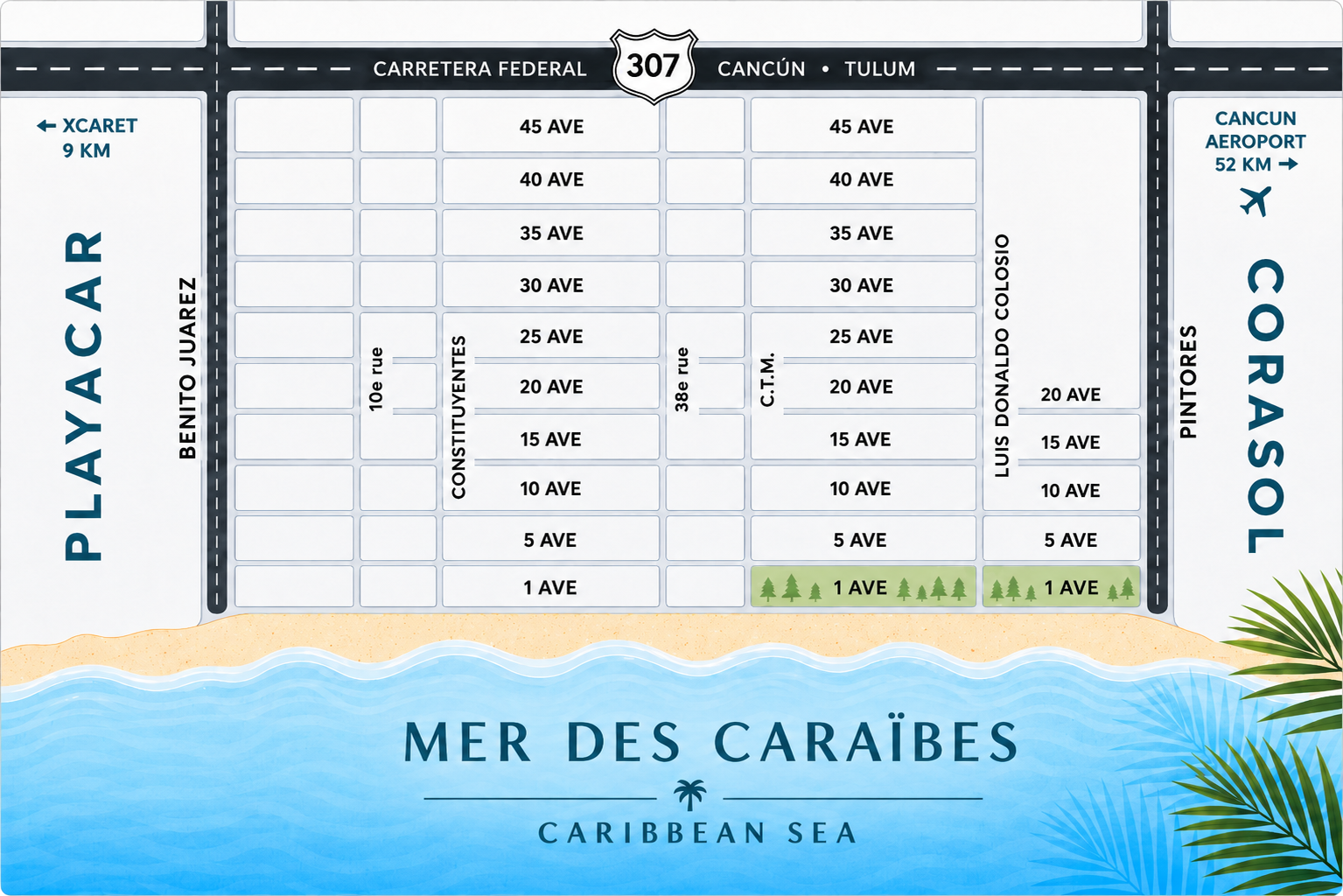 Carte illustrée de Playa del Carmen avec les grandes avenues, les secteurs et la mer des Caraïbes.